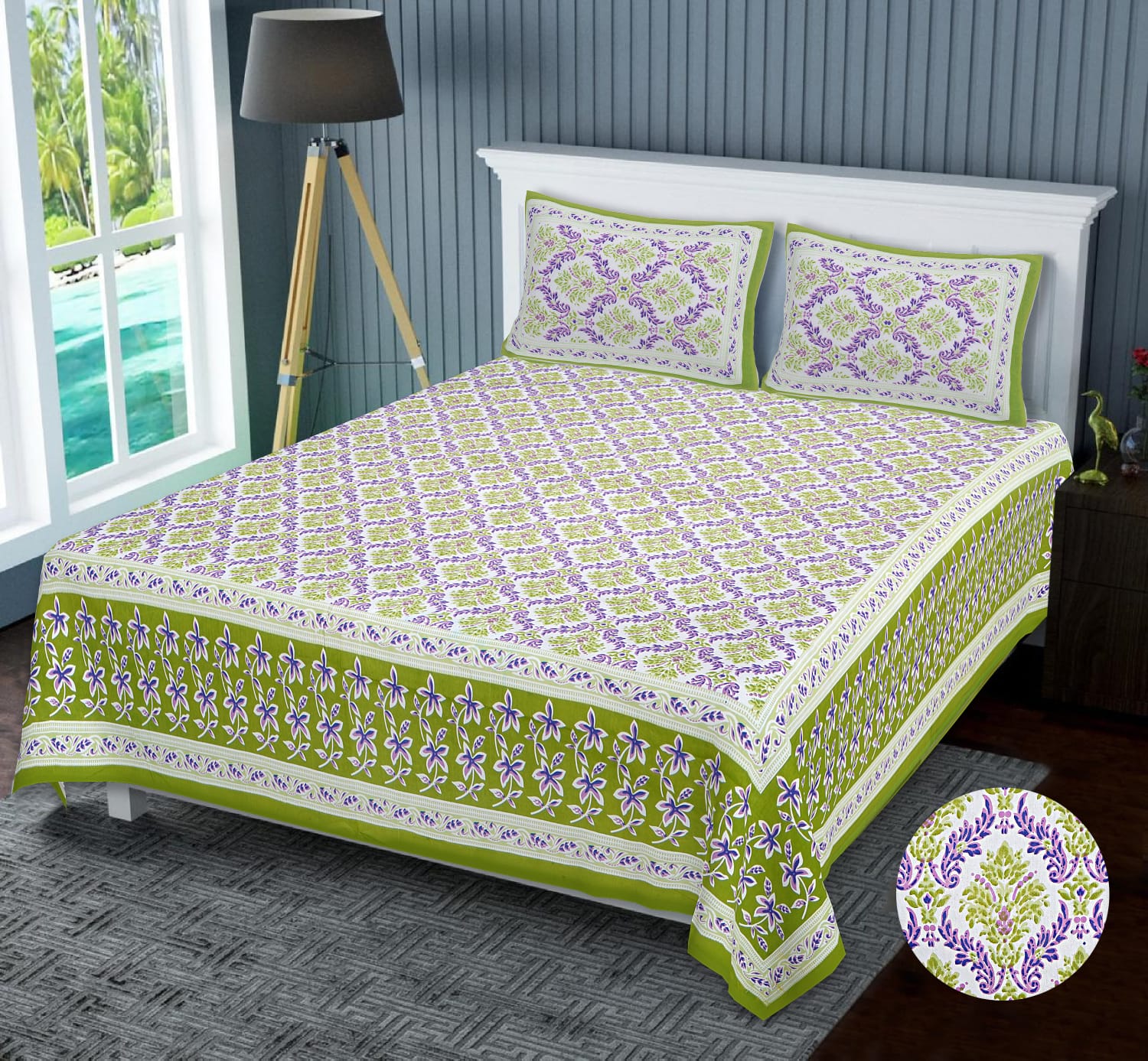Niruva Green and Purple Jaipuri Floral Print Cotton Double Bedsheet With 2 Pillow Covers